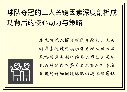 球队夺冠的三大关键因素深度剖析成功背后的核心动力与策略
