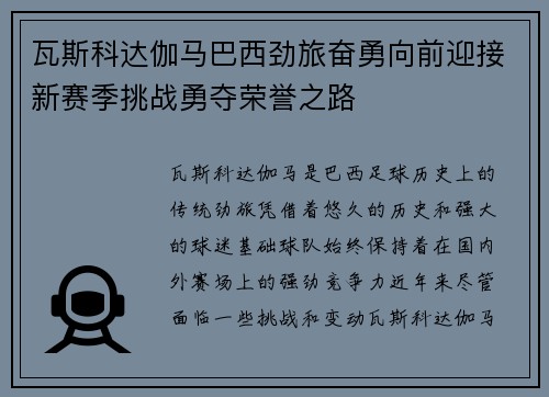 瓦斯科达伽马巴西劲旅奋勇向前迎接新赛季挑战勇夺荣誉之路 瓦斯科达伽马巴西劲旅奋勇向前迎接新赛季挑战勇夺荣誉之路